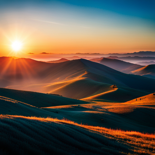Majestic mountain range at sunset, casting a warm glow over the rolling hills, beautiful, colorful, realistic, 8k